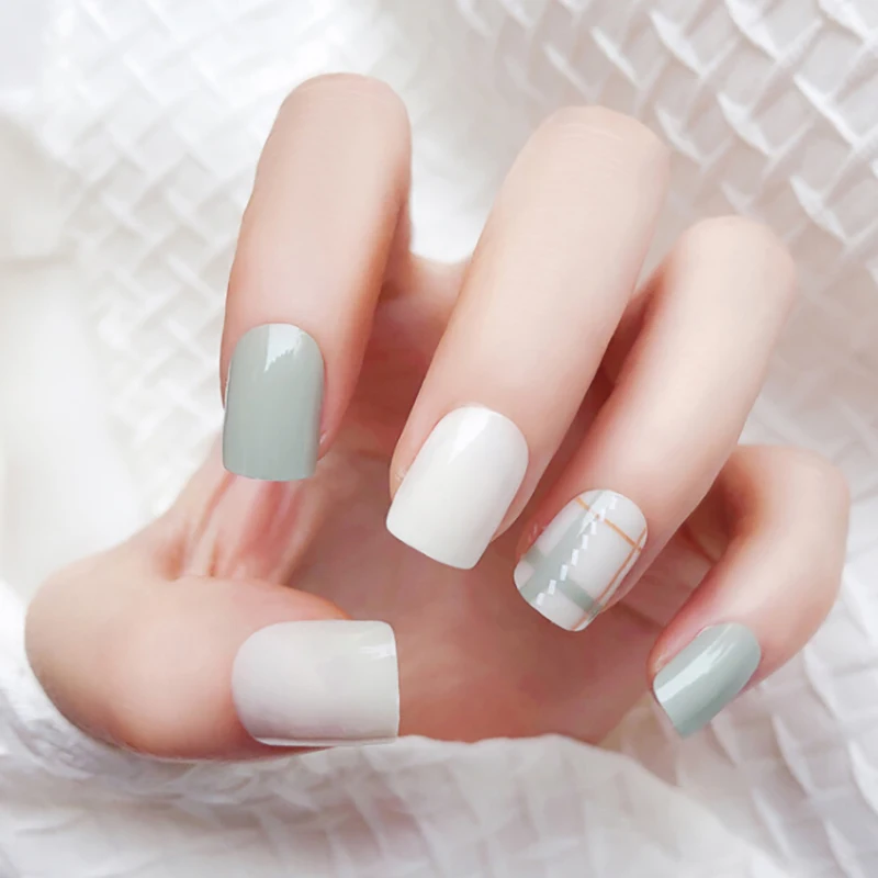 24 шт./компл. синего/серого цветов: Стиль DIY Искусство короткие искусственный мех Стикеры Типсы акриловые ложные наклейки с голубой гель