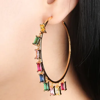 

Luxury colorful zircon diamond tassel big hoop earrings women gold color circle ruby red gemstones fashion Wedding party jewelry