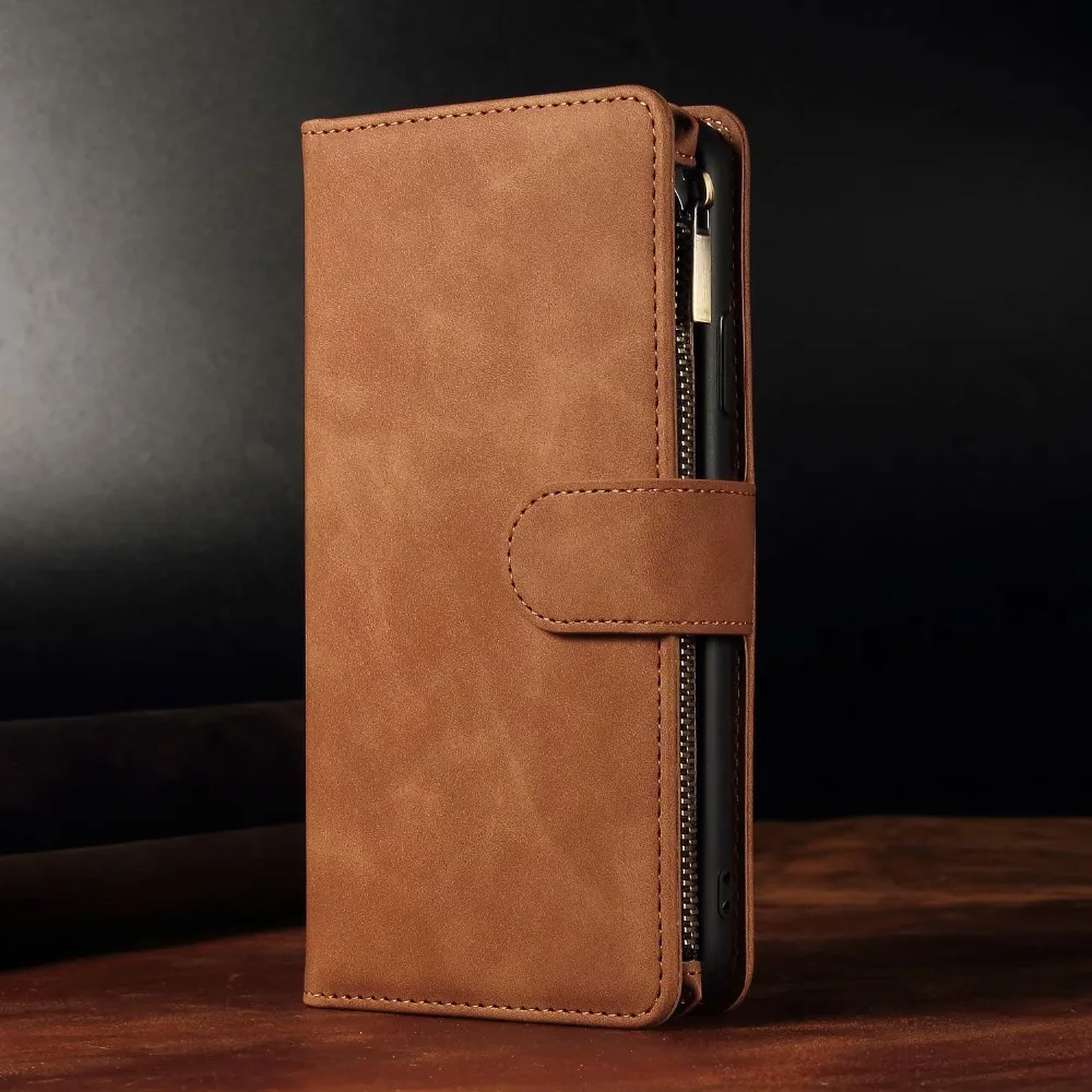 Чехол на молнии для samsung S10 Plus, Роскошный кожаный флип-бумажник, чехол для samsung S10 S9 S8 Plus Lite Note 9 10 Pro, чехол для телефона - Цвет: Brown