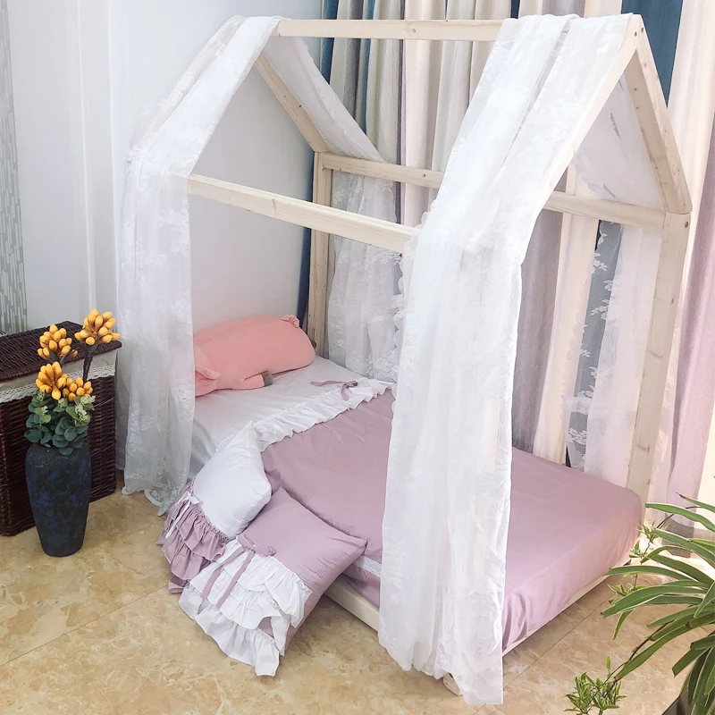 

Bed Curtain Children's Bed Small Wooden Roof Tent Play House Bed Curtains Mosquito Net Princess Lace Kids Girl Bed Decoration