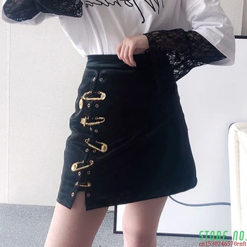 

Patchwork Pins Asymmetrical Women's Skirts High Waist PU Leather Casual Mini Skirt For Female 2020 Fashion Clothing