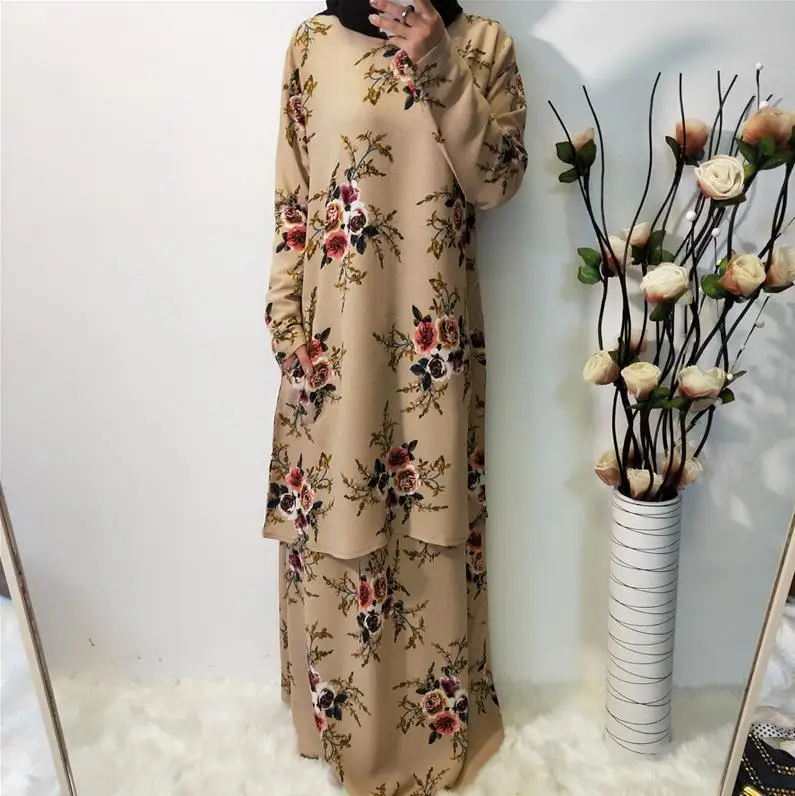 Khaki Комплект из двух предметов размера плюс, мусульманский хиджаб/кафтан абайя, арабское женское платье, Рамадан, ИД, кафтан, Турция, мусульманское платье - Цвет: Khaki