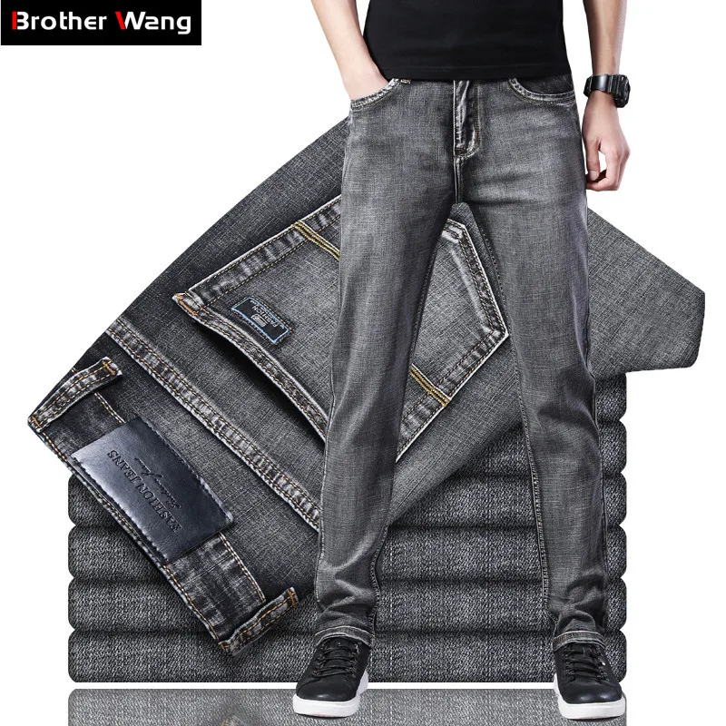 Mens Jeans Pants Denim Trousers Grey Business High-Quality Elastic Male Casual Brand