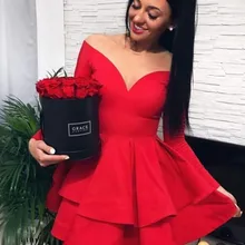 Г., лидер продаж, платье для выпускного вечера А-силуэта/принцессы, атласное платье с открытыми плечами, с оборками с длинными рукавами, короткие/вечерние мини-платья