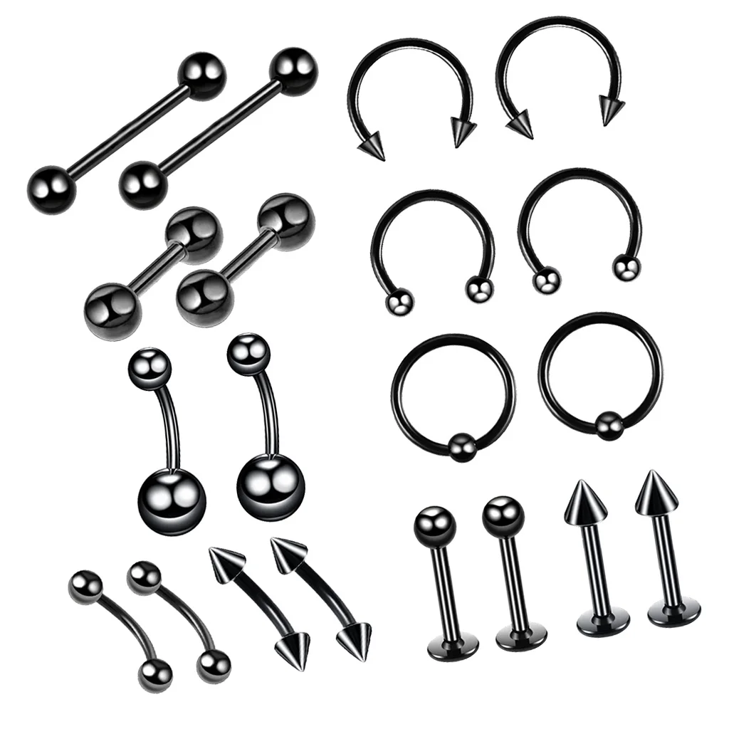 20 Pcs Nose Lip Tongue Eyebrow Tragus Navel Belly Ring Piercings Classic Elegant and Simple Piercing Design Body Jewelry