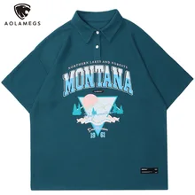 

Aolamegs Short Sleeve Shirt Men Mountain Tree Letter Print Beach Hawaiian Tops Summer Baggy Fashion All-match High Street Shirts