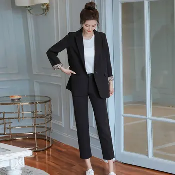 

Women Black Pant Suits 2020 Autumn New Loose Long-sleeved Suit + Nine Points Harem Pants Two-piece Suits Ankle Length Trousers