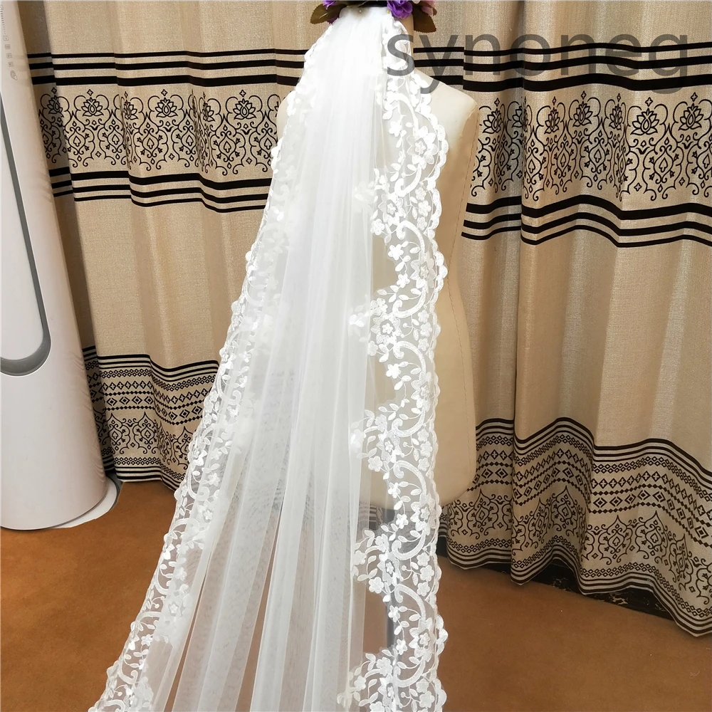 Veu de noiva, длинная Кружевная аппликация, однослойная Фата 3 м, 4 м, 5 м, Фата для свадьбы с гребнем, свадебные аксессуары, Фата для невесты