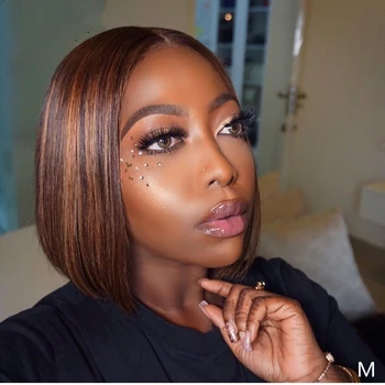 

13x4 Fake Scalp Wig Short Bob Deep Part Lace Front Human Hair Wig Silk Straight Highlight Color Invisible Remy Bleached Knots