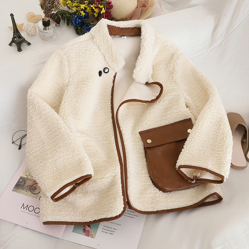 MUMUZI Stand collar color stitching cpat with leather pocket lambs jacket fashion autumn and winter new warm coats