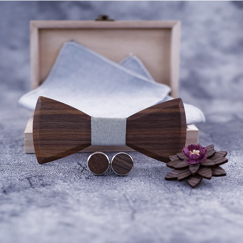 Деревянный галстук-бабочка, носовой платок, набор, мужские с запонками, с отворотом, цветы, цветочный дизайн, деревянная коробка, модные, новинка, мужские галстуки