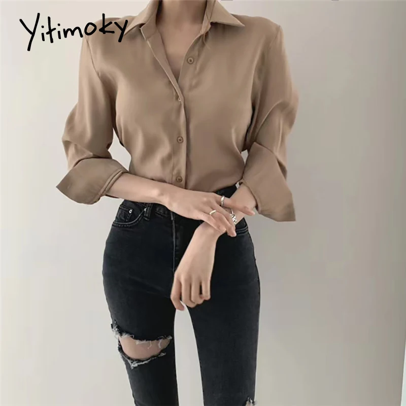 Yitimoky рубашка на пуговицах женские топы корейская модная одежда бандажная блузка