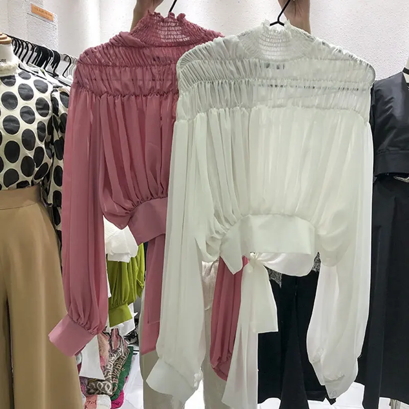 pink blouse women RealShe шифоновая женская блузка с круглым вырезом, длинным рукавом и оборками, однотонные весенние женские топы и блузки, осенняя Повседневная белая блузка для женщин - Цвет: pink blouse women