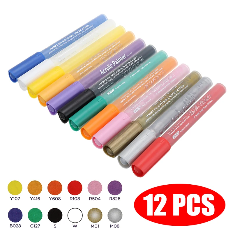

12 Colors/set Acrylic Paint Marker Pens Set for Pebble & Rock Painting Scrapbooking DIY Album Black Card Graffiti