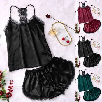 

Fashion Underwear Women Lace Camisole Shorts Set Simple Solid Seamless Sleepwear Pajamas Lingerie FJSL