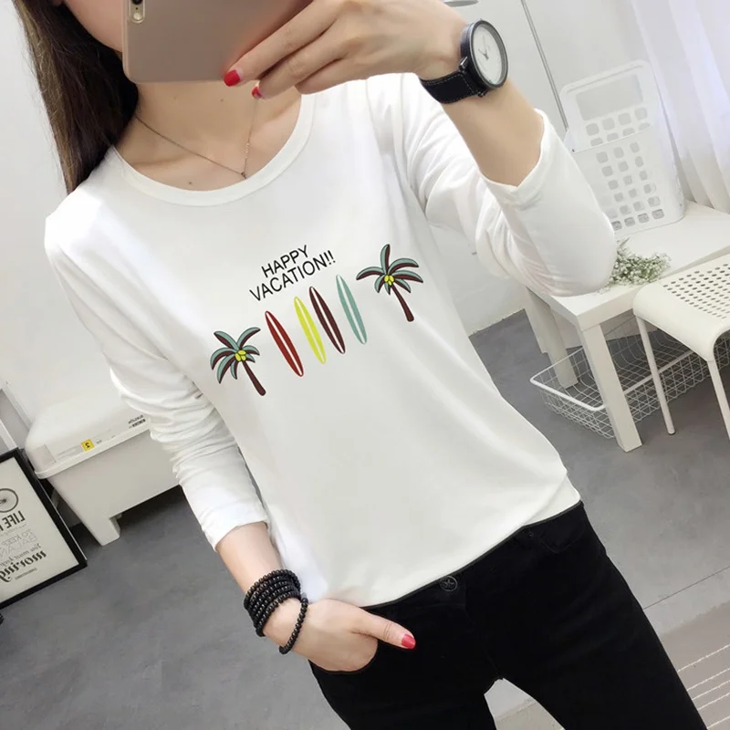 

2020 Women T-shirt Korean Popular T-shirt Long Sleeve Printing White T Shirt Student Top