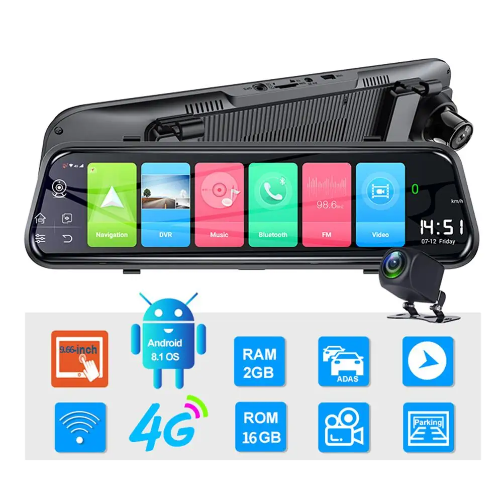 

4G Android 8.1 9.66 Inch Dash Cam ADAS WIFI Dual Video Recording 1080P Lens RAM2G ROM16G GPS Navigation Driving Recorder
