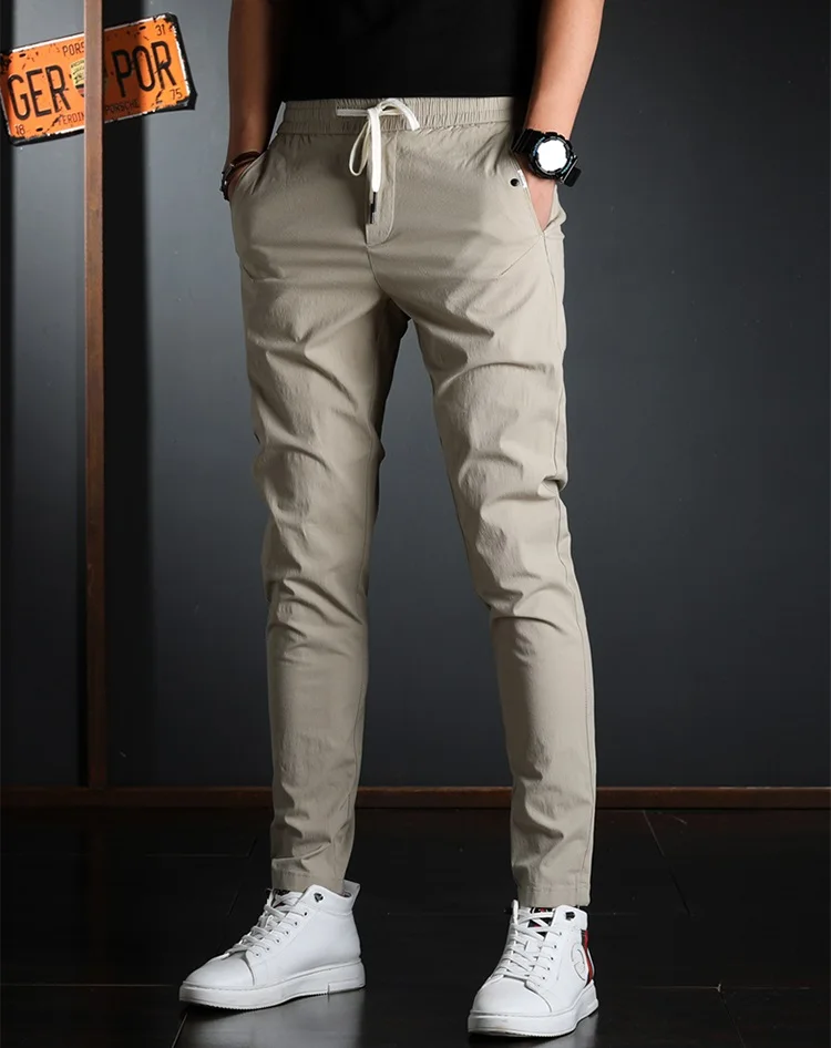 Summer Men Elastic Waist Casual Pants Korean Streetwear Lightweight Cotton Gray Slim Fit Trousers