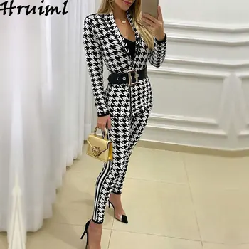 

Houndstooth Woman 2 Piece Sets 2020 Long Sleeve Turn-down Collar Jacket&long Pants Autumn Winter 2 Pieces Set for Women No Belt