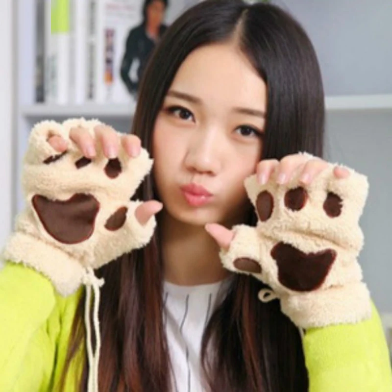 Женские зимние перчатки без пальцев, пушистые плюшевые перчатки с медвежьими когтями и когтями, мягкие женские перчатки без пальцев - Цвет: Бежевый