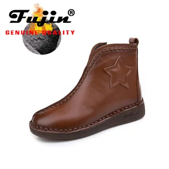 

Fujin Soft Leather Genuine Cow Women Boots Fur Plush Warm Snow Boots for Autumn Winter Women Ankle Boots Platform Booties