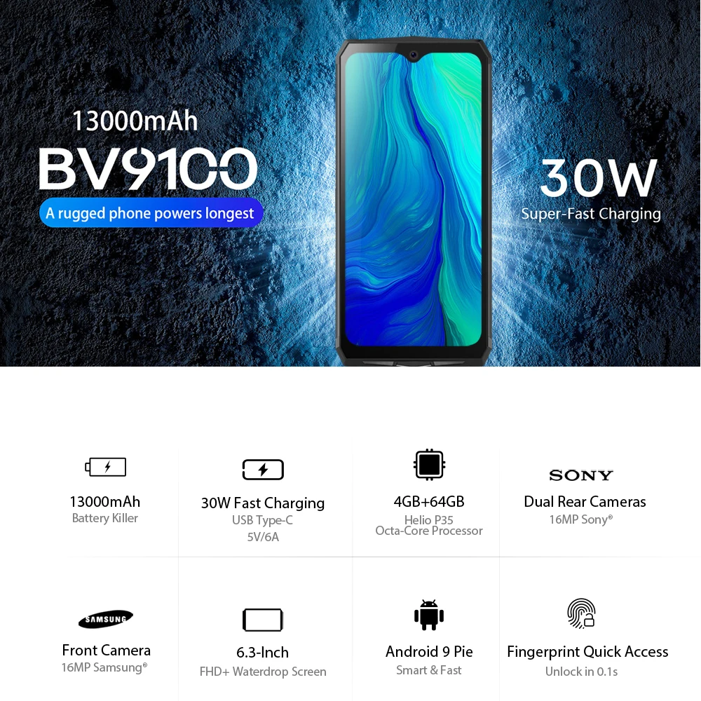 Blackview BV9100 Android 9,0 телефон 6," экран смартфон IP68 прочный MT6765 Восьмиядерный 4 Гб+ 64 Гб 13000 мАч батарея 30 Вт Быстрая зарядка