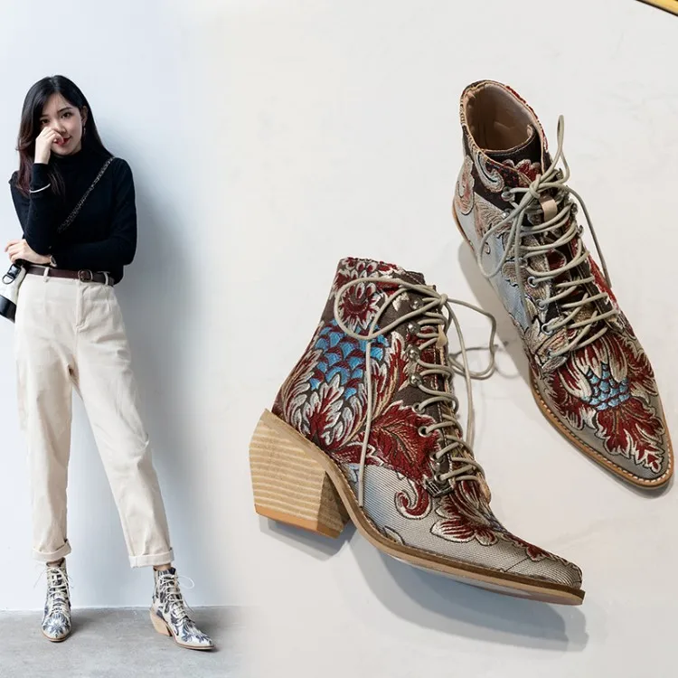 

2019 Luxury Genuine Leather Retro Ankle Boots Booties Embroidery Designers National Flag Women Woman Pumps Wearing Round Toe