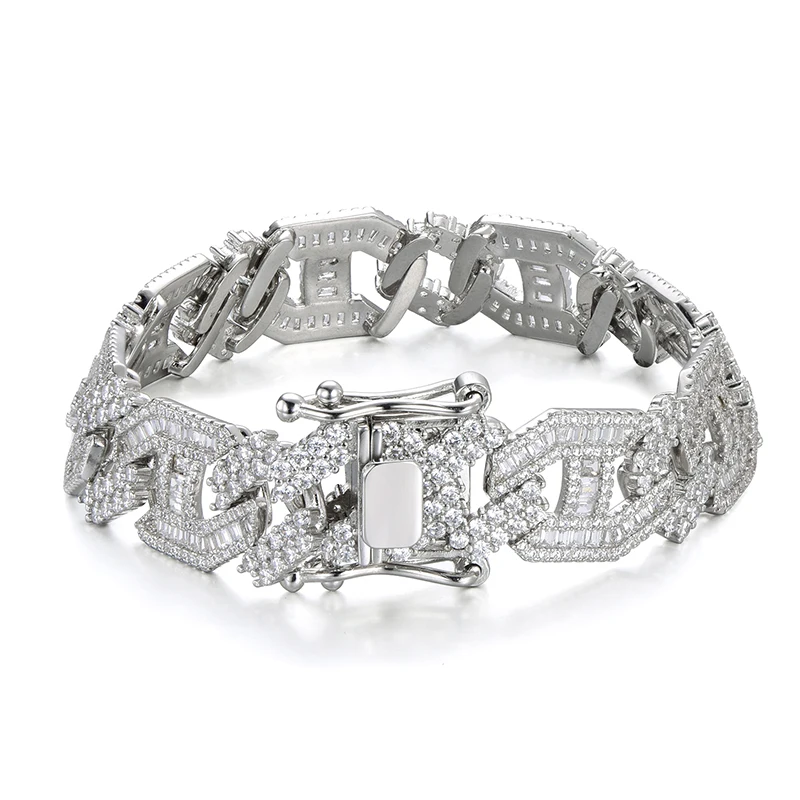 Hip Hop 15MM Heavy Miami Baguette Zircon Iced Out Cuban Link Necklace AAA CZ Prong Setting Necklaces Hip Hop Jewelry 18'' 24'' - Окраска металла: Silver Bracelet