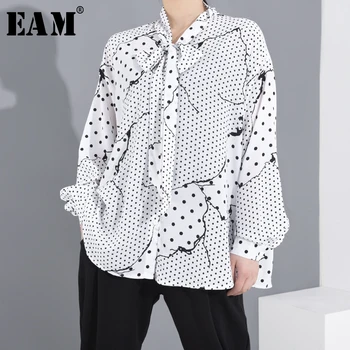 

[EAM] Women White Pattern Printed Big Size Blouse New Bow Collar Long Sleeve Loose Fit Shirt Fashion Spring Summer 2020 1S28200
