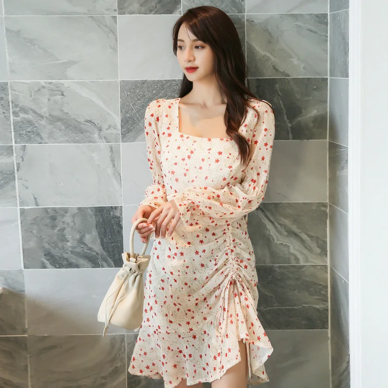 Chiffon Ruffle Floral Polyester Thin Dress Sweet Bodycon Dress Women