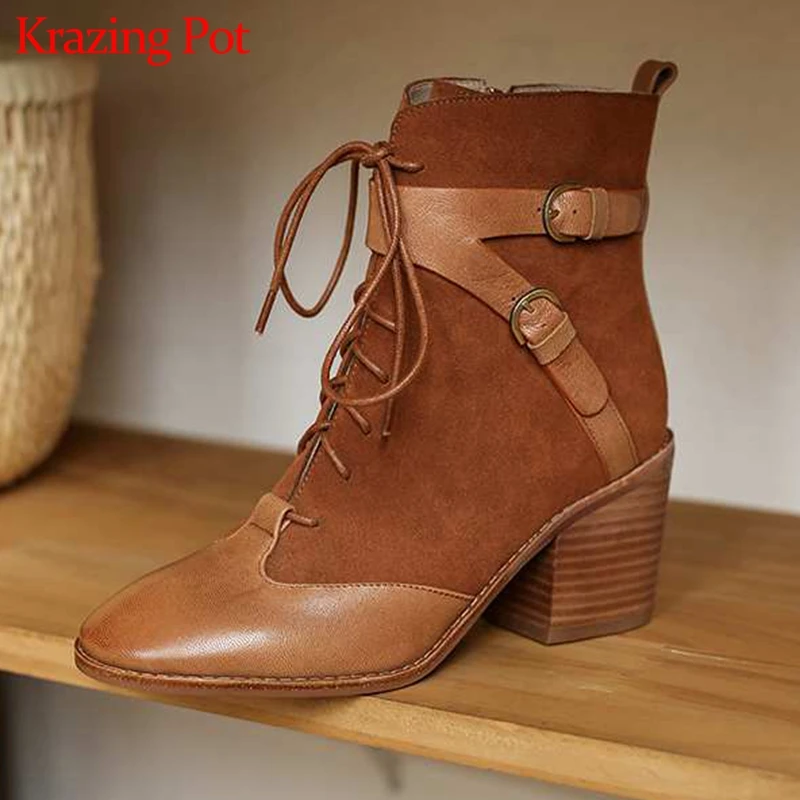 krazing pot sheep leather cow suede lace up thick high heels carving round toe career belt buckle keep warm mid-calf boots l77