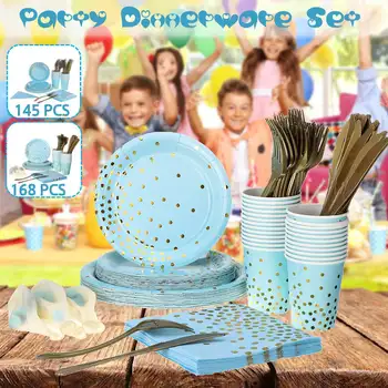 

145/168Pcs High Quality Blue Hot Stamping Disposable Tableware Set Plate/Napkin/Cup/Fork/Knive Serving 24 Guests Party Supplies