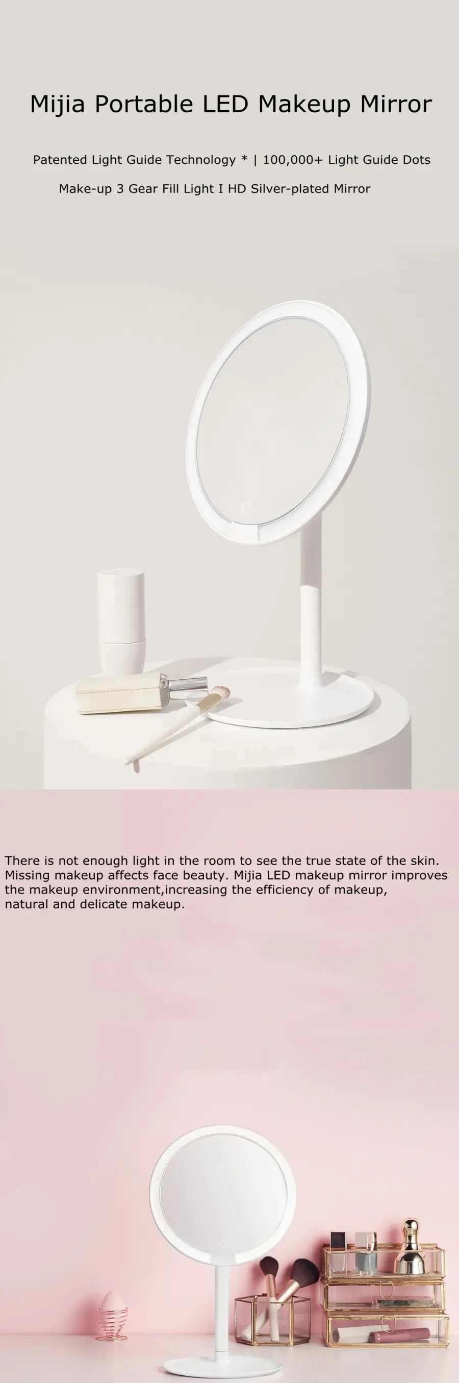 Newest Xiaomi mijia Makeup Mirror Desktop LED Lighted Portable Type-C Charging Touch Screen Adjustable Mirrors Brightness (1)