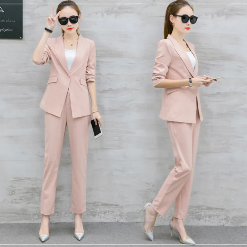 pink Женский офисный комплект из двух предметов, повседневный рабочий Блейзер, брюки с высокой талией, женские комплекты, блейзер с зубчатым воротником, куртка для женщин - Цвет: pink