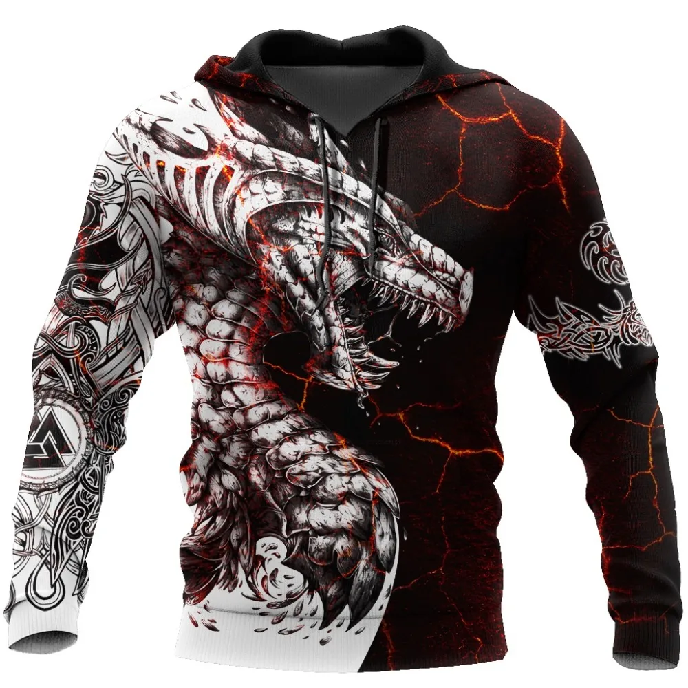 2021black and white tattoo dragon 3D printing men's hoodie sweatshirt ...