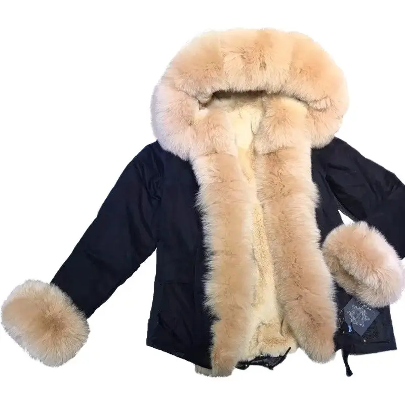 

Mhnkro Winter Fox Fur Collar Cuffs Short Black Shell Russia Coat With Zipper Fake Fur Lined Wear