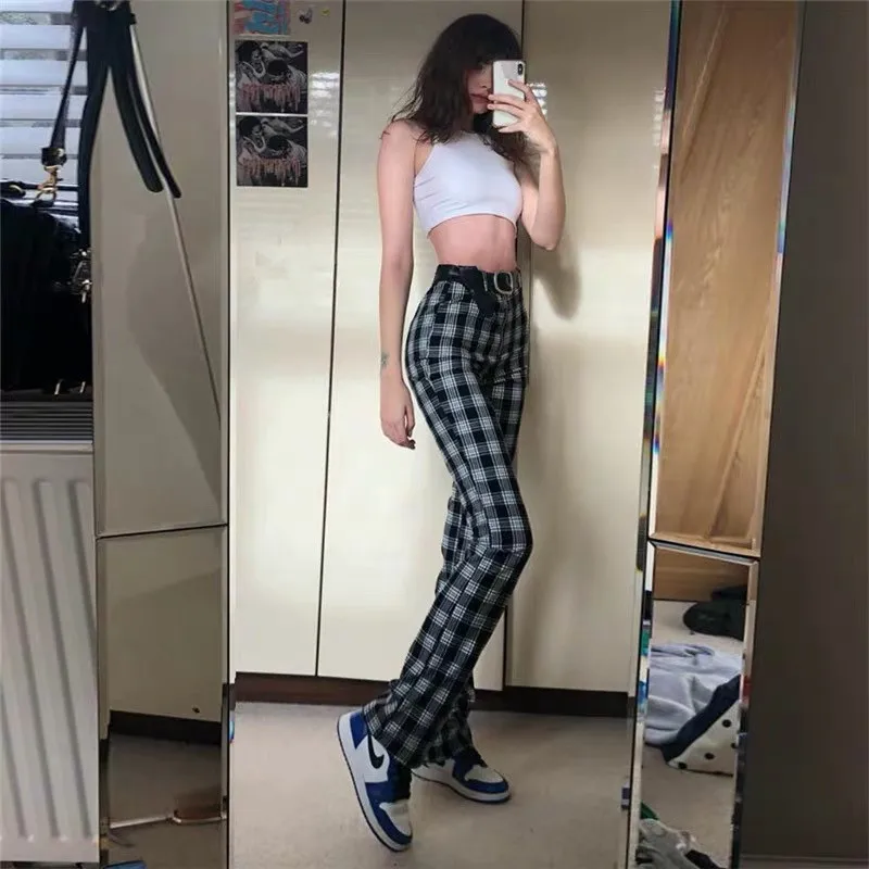 NCLAGEN High Waist Plaid Fitness Casual Pants Women Streetwear Sweatpants Front Zipper Harajuku Woman Pant Straight Trousers NCLAGEN High Waist Plaid Fitness Casual Pants Women Streetwear Sweatpants Front Zipper Harajuku Woman Pant Straight Trousers