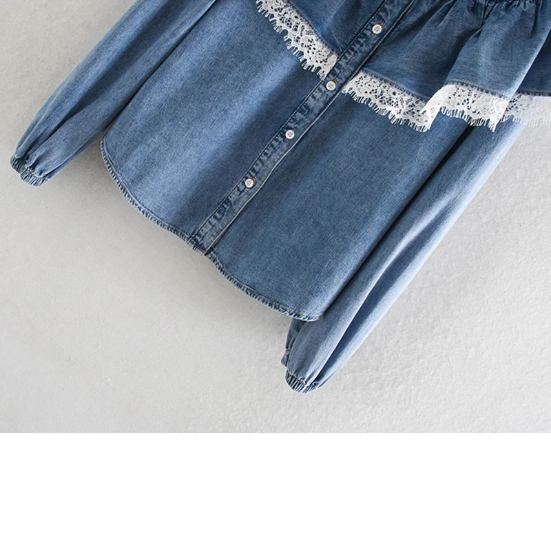 ZOEPO Stand Collar Ruffles Blouses Women Fashion Lace Denim Shirts Women Elegant Buttons Long Sleeve Tops Female Ladies LE