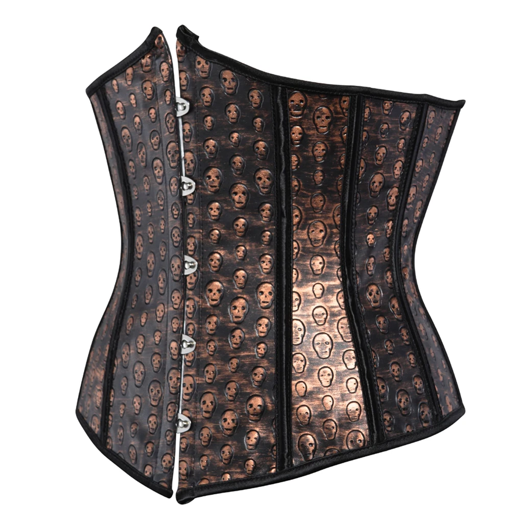 Gothic Burlesque Sexy Skull Shirt Corset, Brown Erotic Corset Mujer Lingerie Corgested Bustiers Top Masquerade Party Costumes