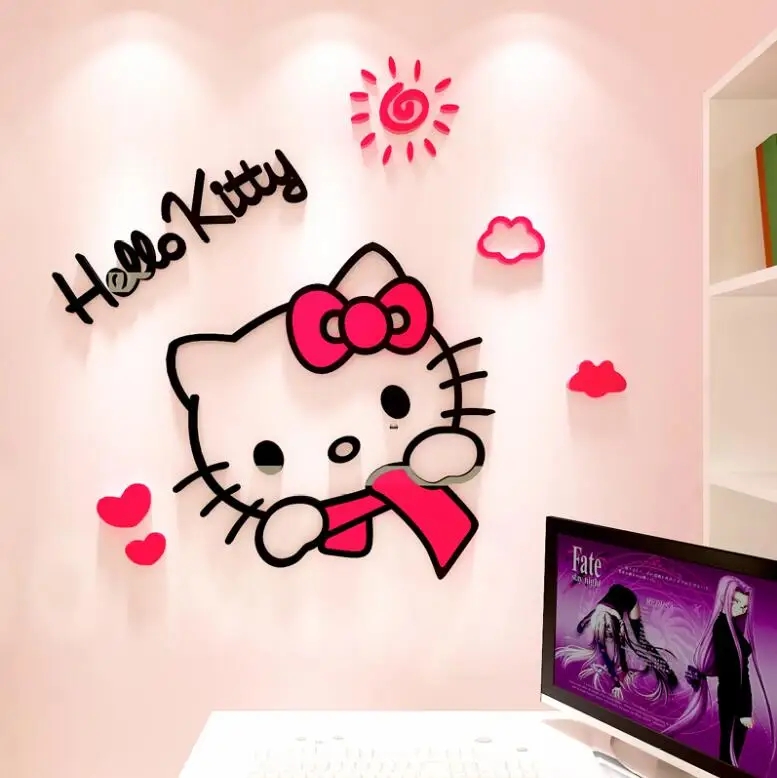 3D Новые DIY HelloKitty стереоскопические наклейки для стен для детской комнаты акриловый кристалл мультфильм спальня фон 3D украшение стены