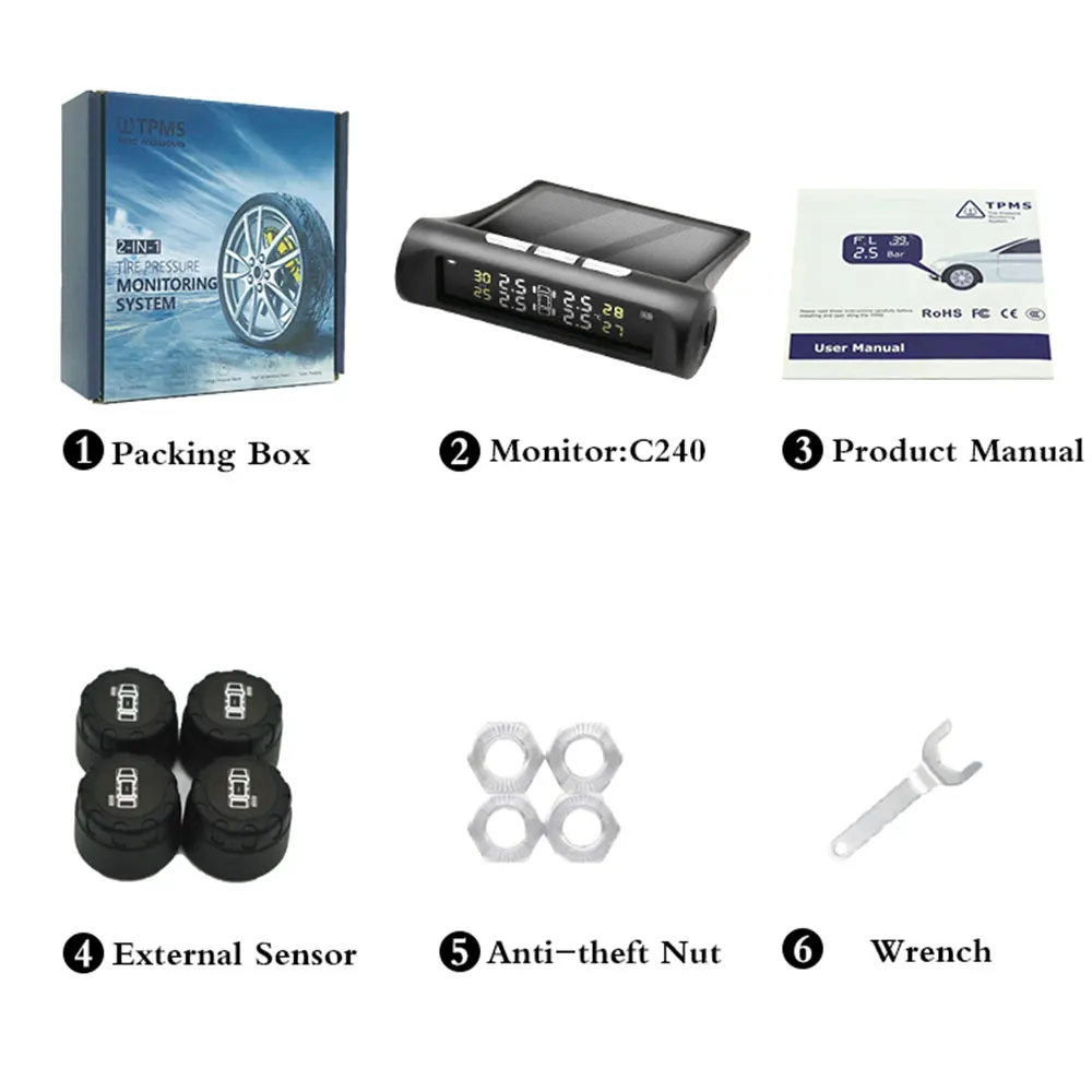 Солнечная зарядка автосигнализации TPMS Bluetooth датчик давления в шинах цифровая система контроля давления в шинах датчик внешнего датчика