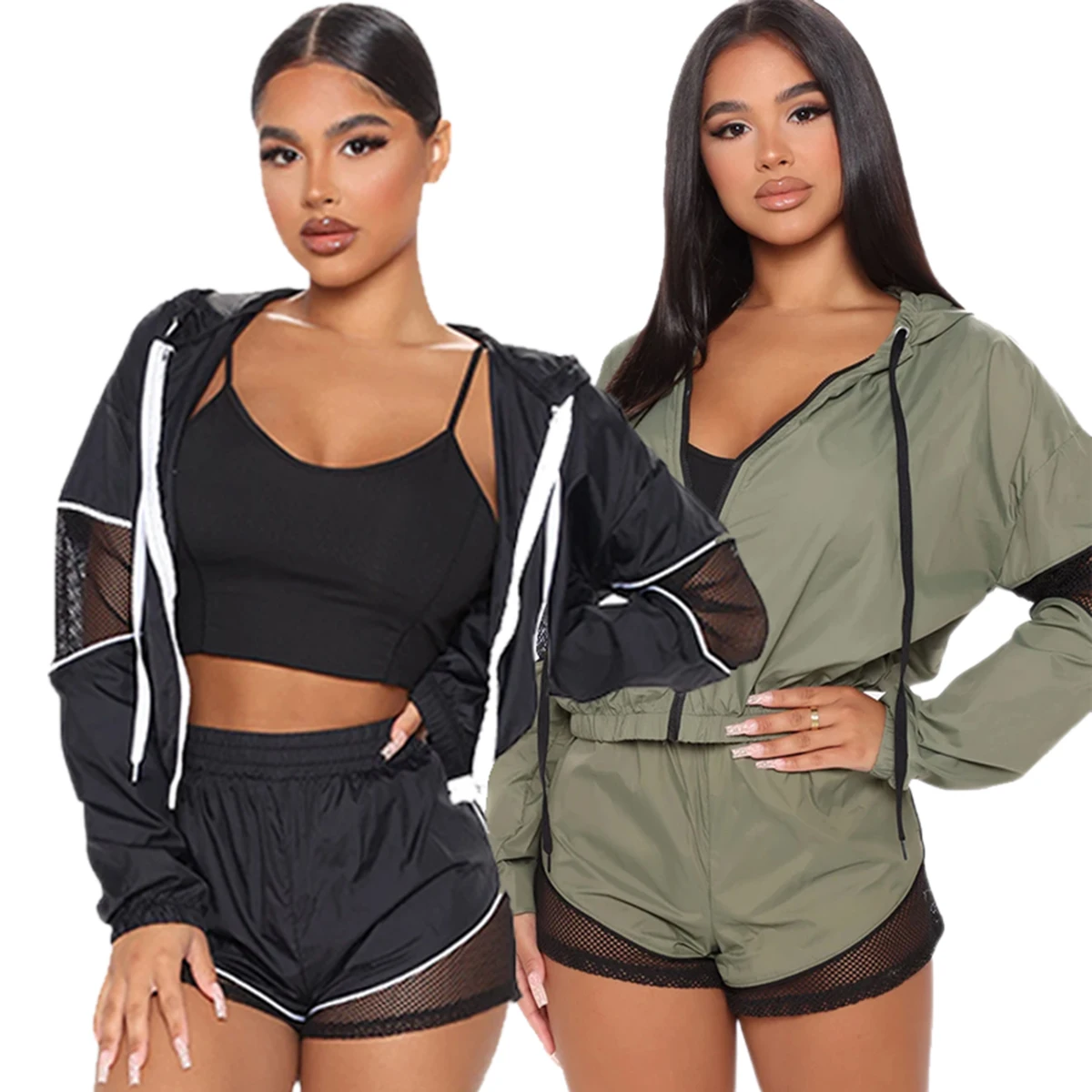 3 Pieces Women's Sports Suit Set U-Neck Vest + Long Sleeve Hooded Coat Jacket Shorts Tracksuit for Spring Summer Autumn S-3XL |