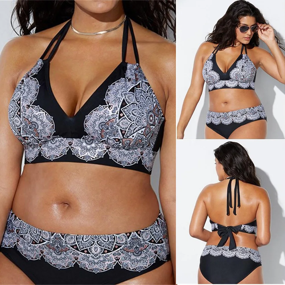 

Sexy Two-piece Bikini Set Women Printed Beach Tight Large Size Fashion Adults Retro Back Strap Nylon Swimwear