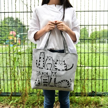 

1pc 30*40cm Cat Shopping Tote Bag Big Canvas Handbag Shoulder Crossbody Bag Portable