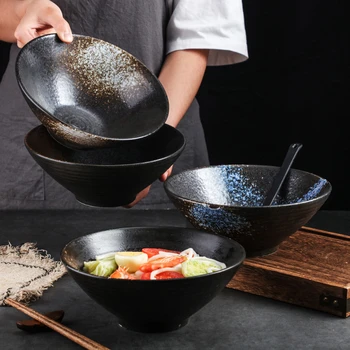 

Japanese-style Large Ceramic Bowl for Ramen Household Kitchen Porcelain Tableware Set Creative Hat Horn Ceramic Soup Bowl