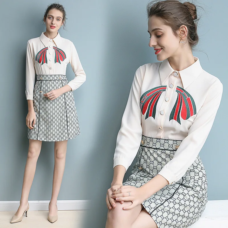 

Ozhouzhan 2019 Spring New Style WOMEN'S Dress-Style Slim Fit Embroidery Hem Printed Joint Literature And Art Medium-length Dress