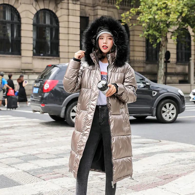 Goedkoop Vrouwen Lange Afneembare Bontkraag Glossy Hooded Oversized Winter Down Jas Student Dikke Warme Jas Katoen Gewatteerde Gewatteerd Parka