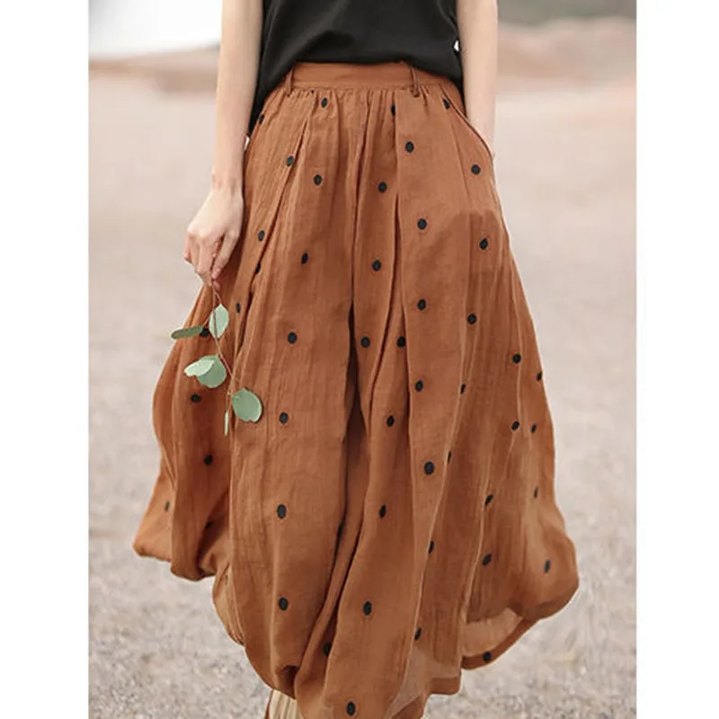 

2021 New Arrival Summer Women Loose Casual Dot Print A-line High Waist Skirt Mid-calf Cotton Linen Skirts W542