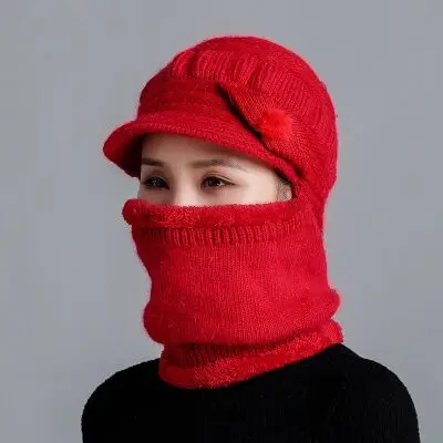 Новинка, зимние шапки Skullies Beanies, шапка для женщин, шерстяной шарф, шапки, Балаклава, маска, шапка, теплый мех кролика, вязаная шапка - Цвет: Red