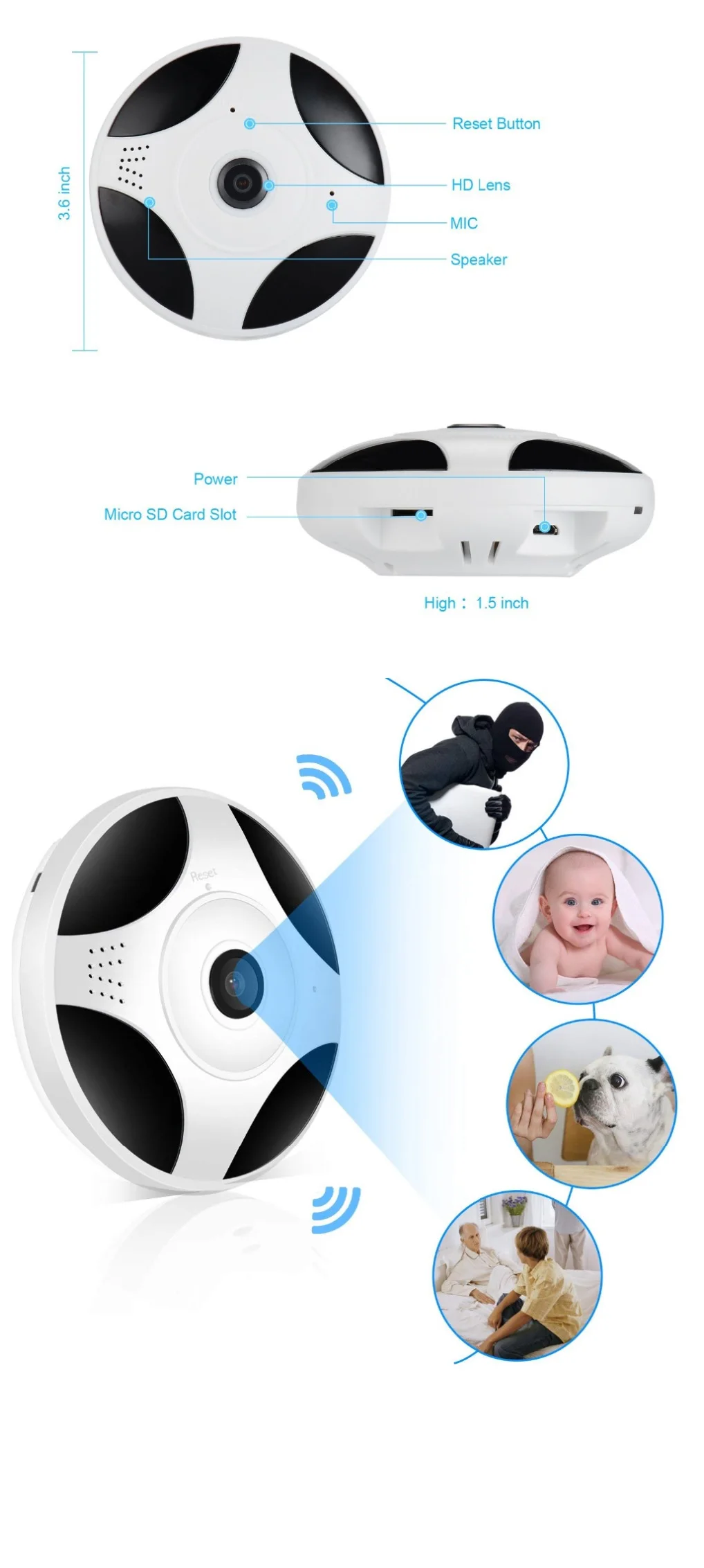 200W 1080P панорамная камера WiFi 360 ° Беспроводная ip-видеокамера WiFi 1080P Аудио слот для sd-карты Mini Baby видеоняни